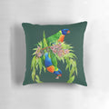 Vibrant wreath pillow featuring a design of rainbow lorikeets and other native Australian birds
