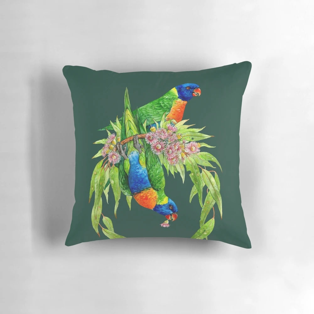 Vibrant wreath pillow featuring a design of rainbow lorikeets and other native Australian birds