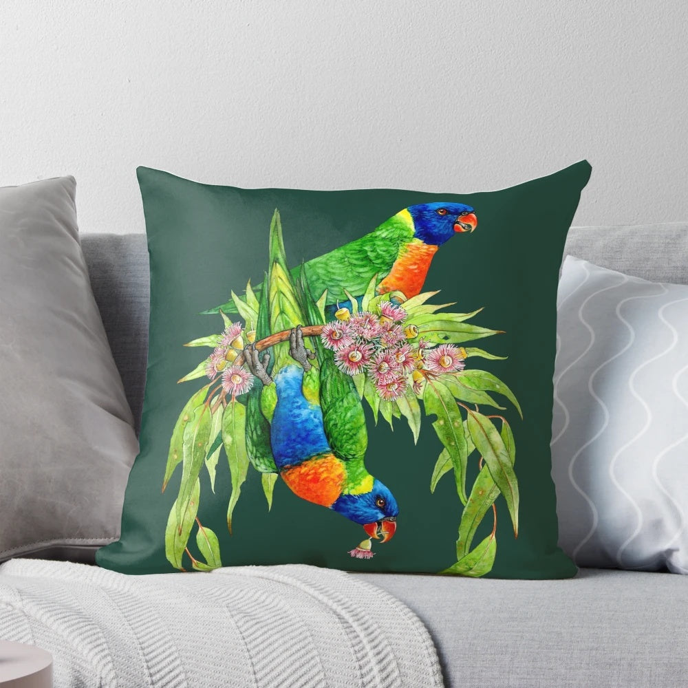 Vibrant wreath pillow featuring a design of rainbow lorikeets and other native Australian birds