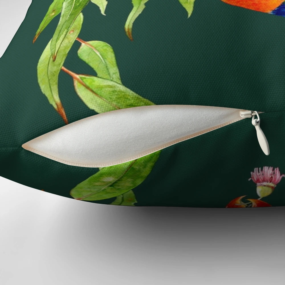 Vibrant wreath pillow featuring a design of rainbow lorikeets and other native Australian birds