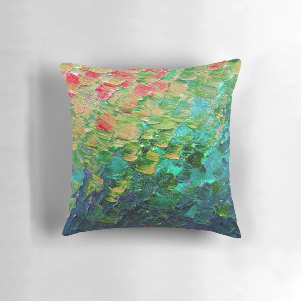 Colorful ombre abstract painting of mermaid scales and ocean waves in teal and green hues with textural acrylic impasto technique.