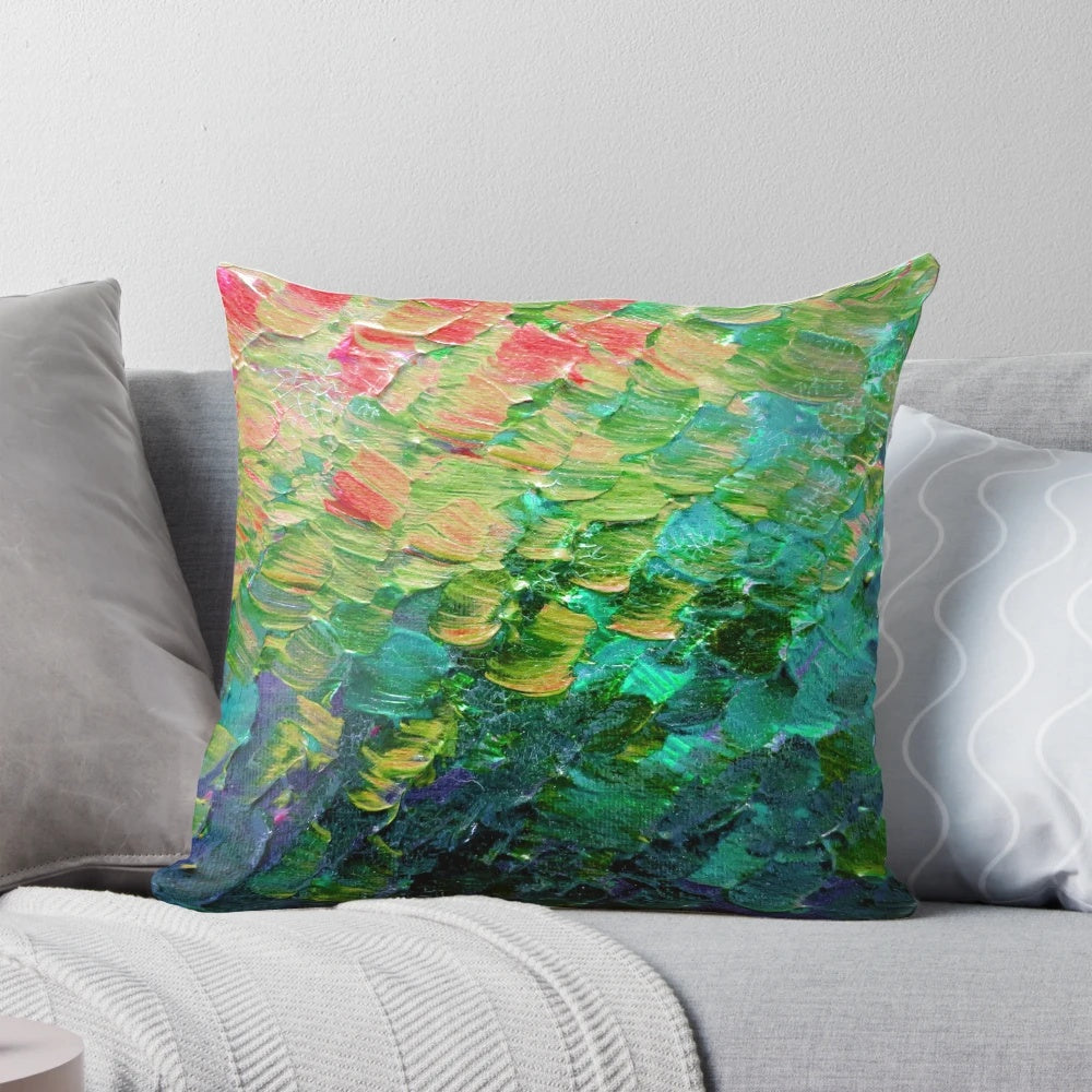 Colorful ombre abstract painting of mermaid scales and ocean waves in teal and green hues with textural acrylic impasto technique.