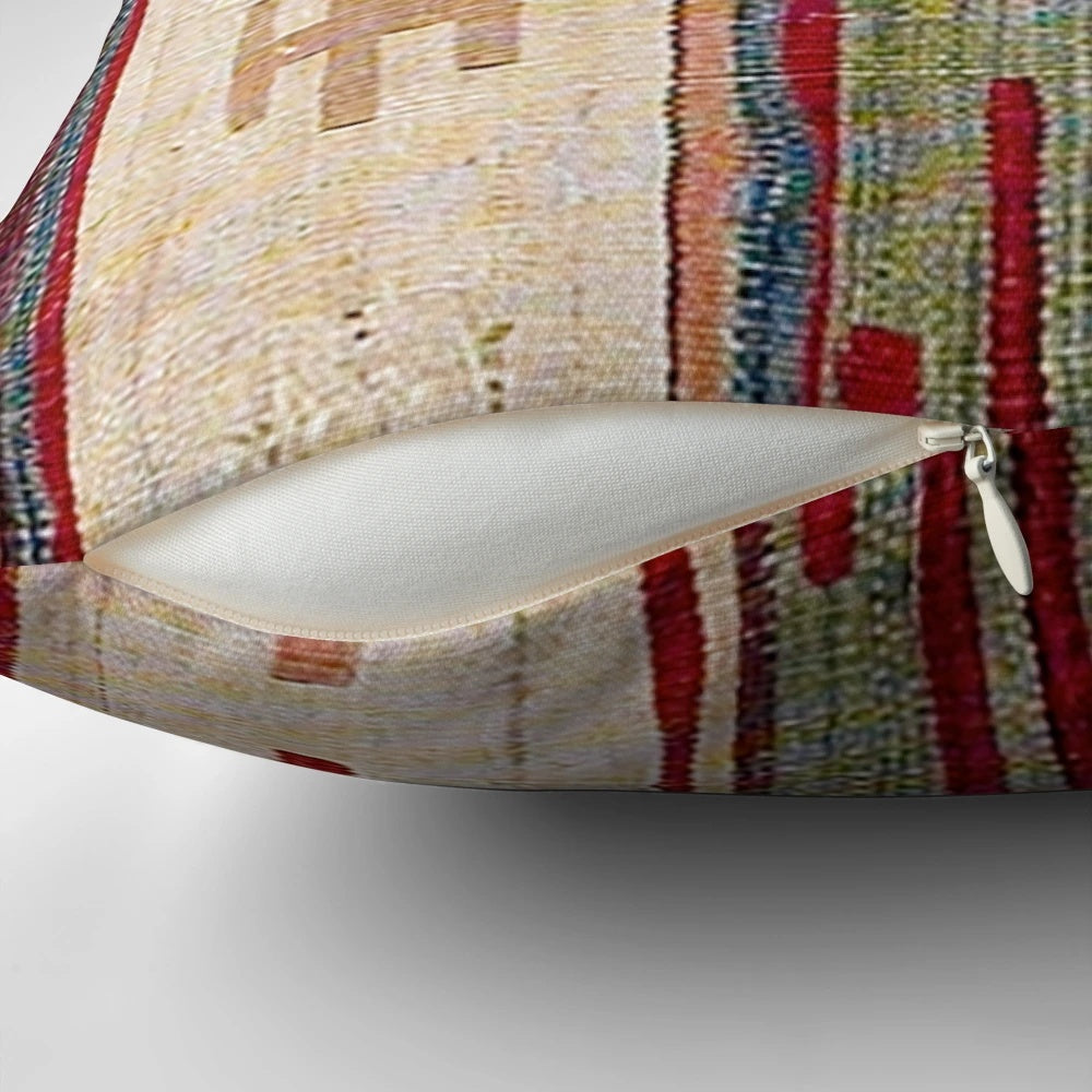 Vibrant bohemian-style accent pillow with an abstract, nature-inspired print in a retro, vintage-inspired design.