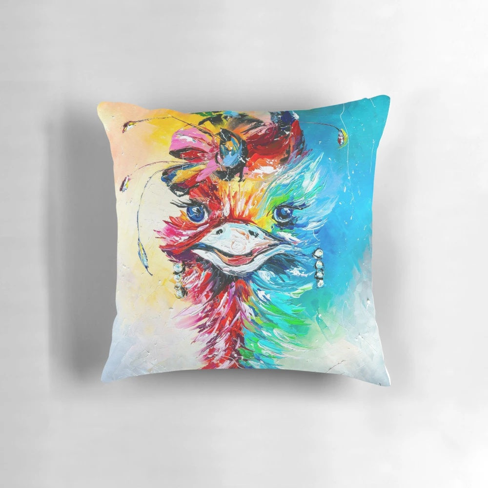 Vibrant ostrich-themed decorative pillow for cozy and stylish living spaces