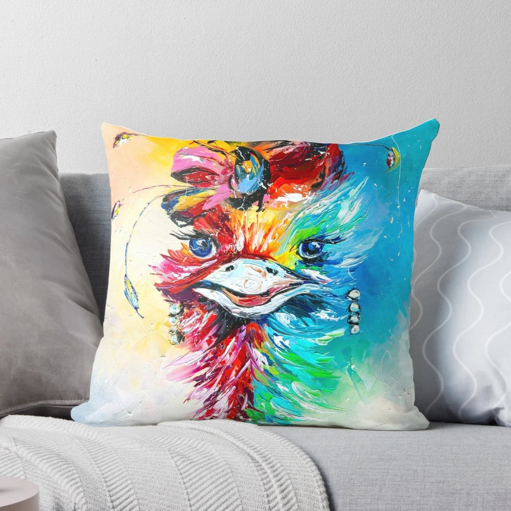 Vibrant ostrich-themed decorative pillow for cozy and stylish living spaces