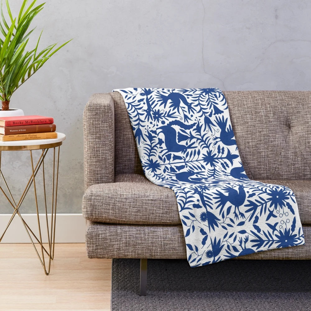 Otomi-inspired colorful plush blanket with Mexican folk art pattern