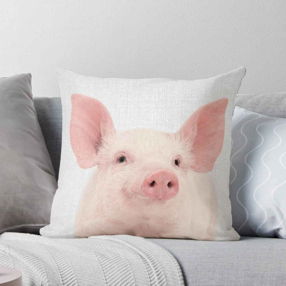 Vibrant, colorful portrait of a pig on a throw pillow, featuring a whimsical and playful design.