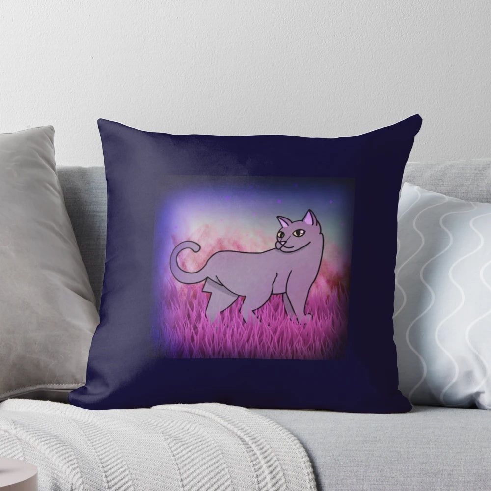 Vibrant throw pillow featuring a kitty cat in a grassy field with a pinhole filter effect
