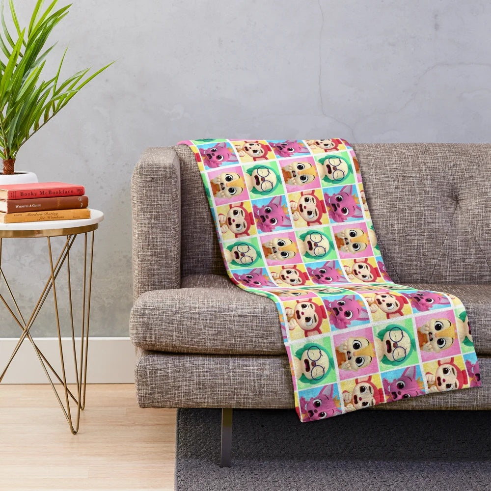 Vibrant pinkfong plush blanket with cute cartoon characters