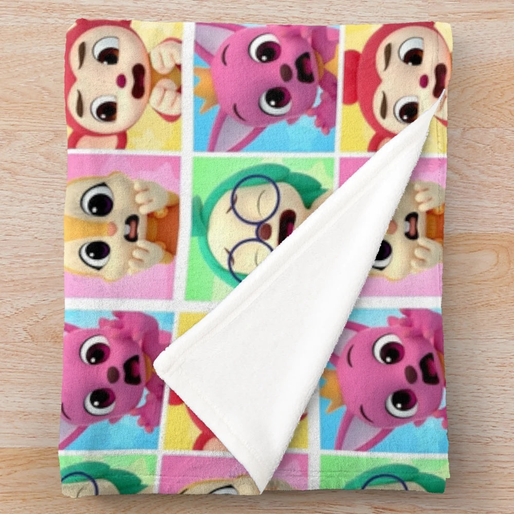 Vibrant pinkfong plush blanket with cute cartoon characters