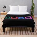 Playstation-themed plush blanket with gaming symbols and controller