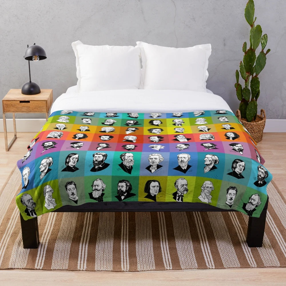 Colorful plush blanket with portraits of famous composers like Mozart, Beethoven, and Brahms