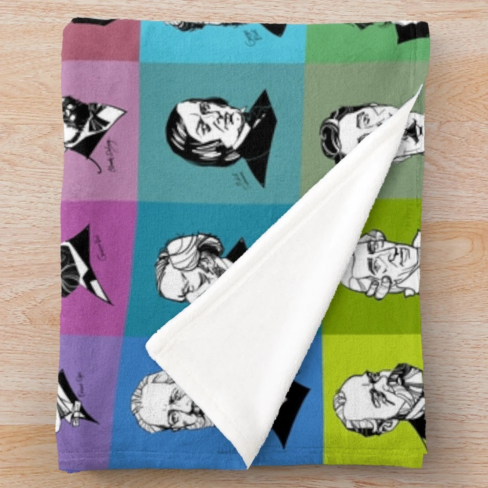 Colorful plush blanket with portraits of famous composers like Mozart, Beethoven, and Brahms