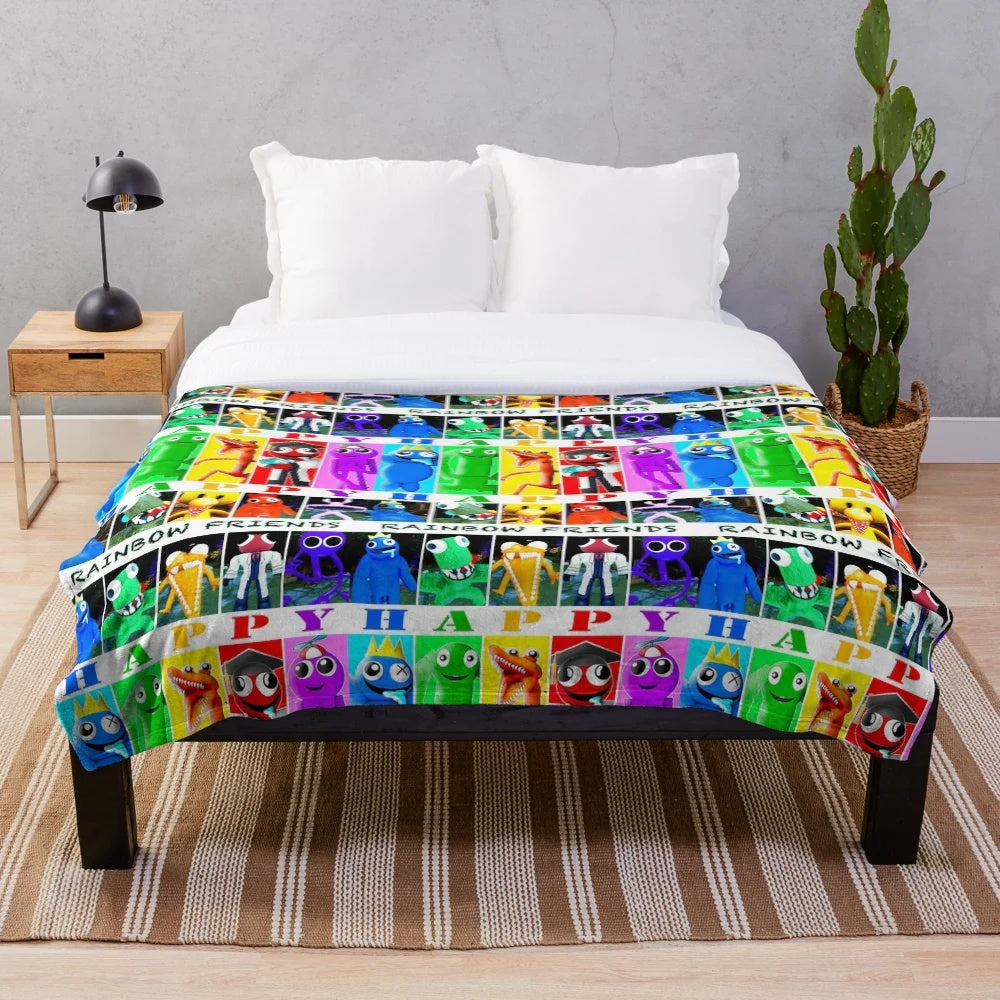 Colorful plush blanket featuring cute cartoon characters