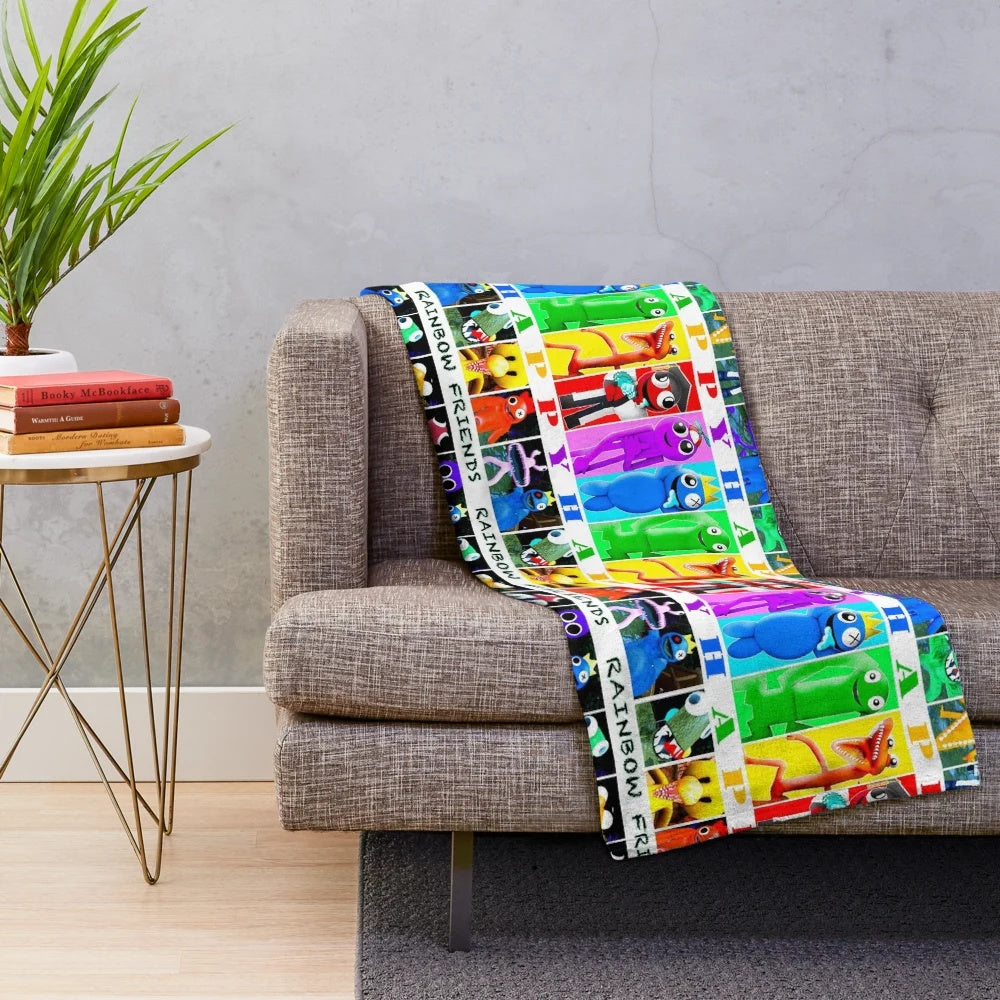 Colorful plush blanket featuring cute cartoon characters