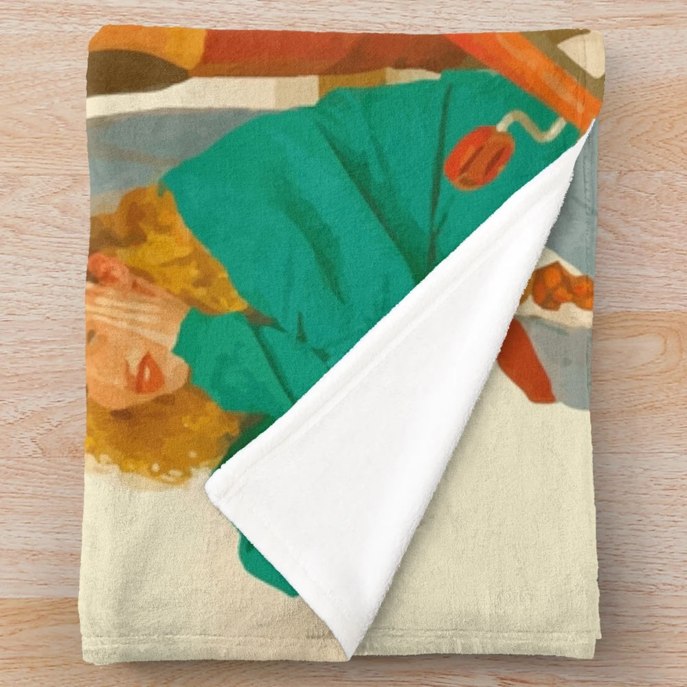 Colorful plush blanket featuring graphics and imagery inspired by the Glass Animals album "How to Be a Human Being