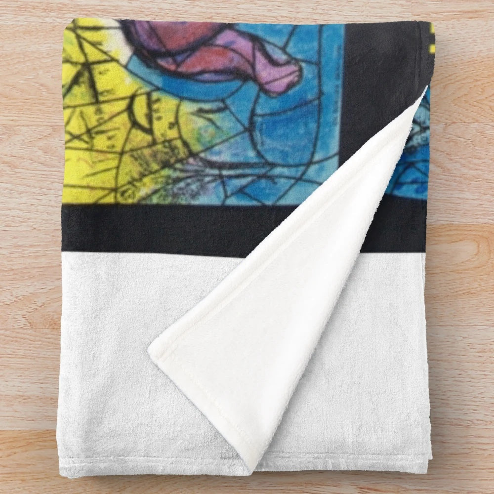 Plush blanket featuring a colorful design inspired by Marc Chagall's famous Jerusalem Windows artwork
