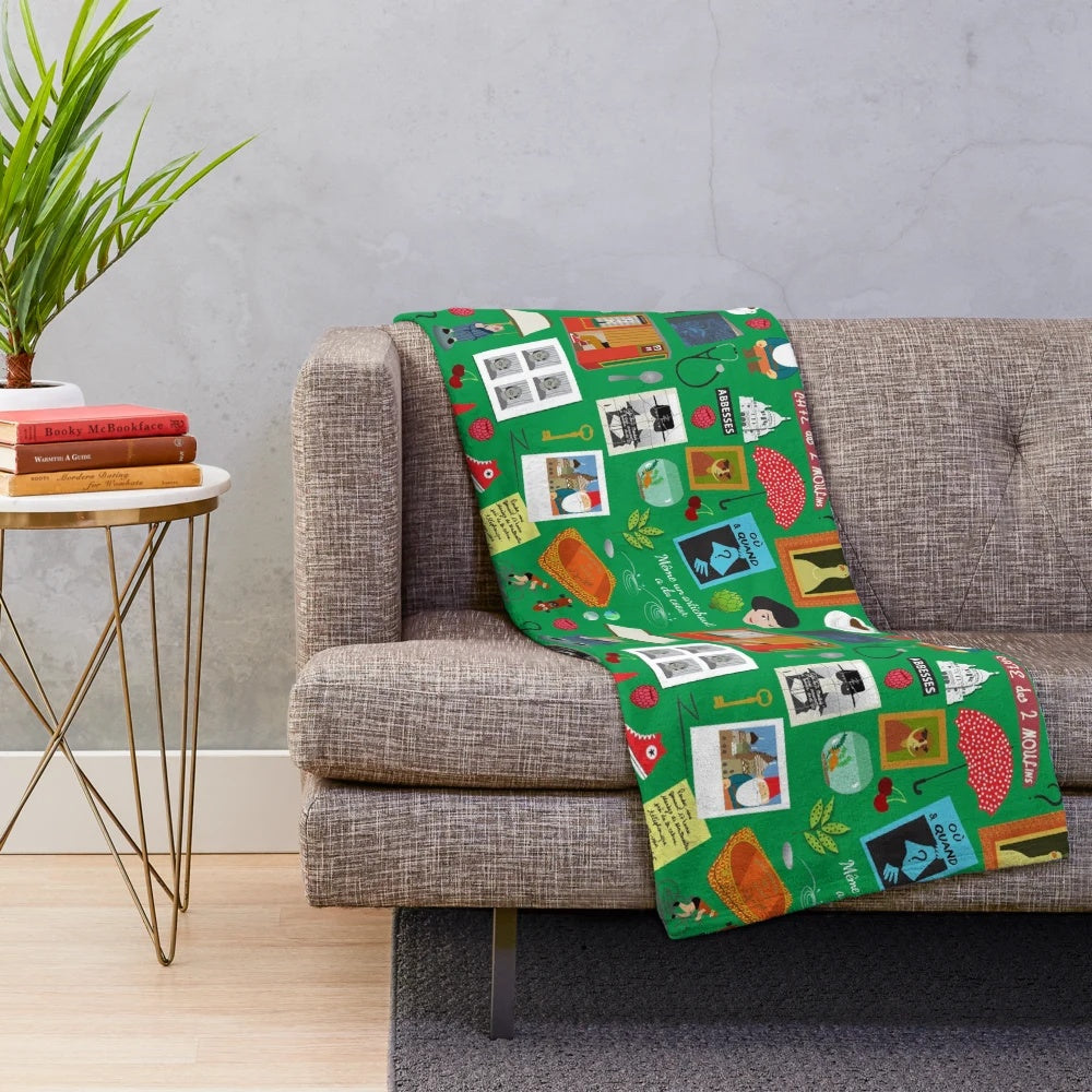 Colorful plush blanket featuring a vibrant pattern inspired by the French film Amélie