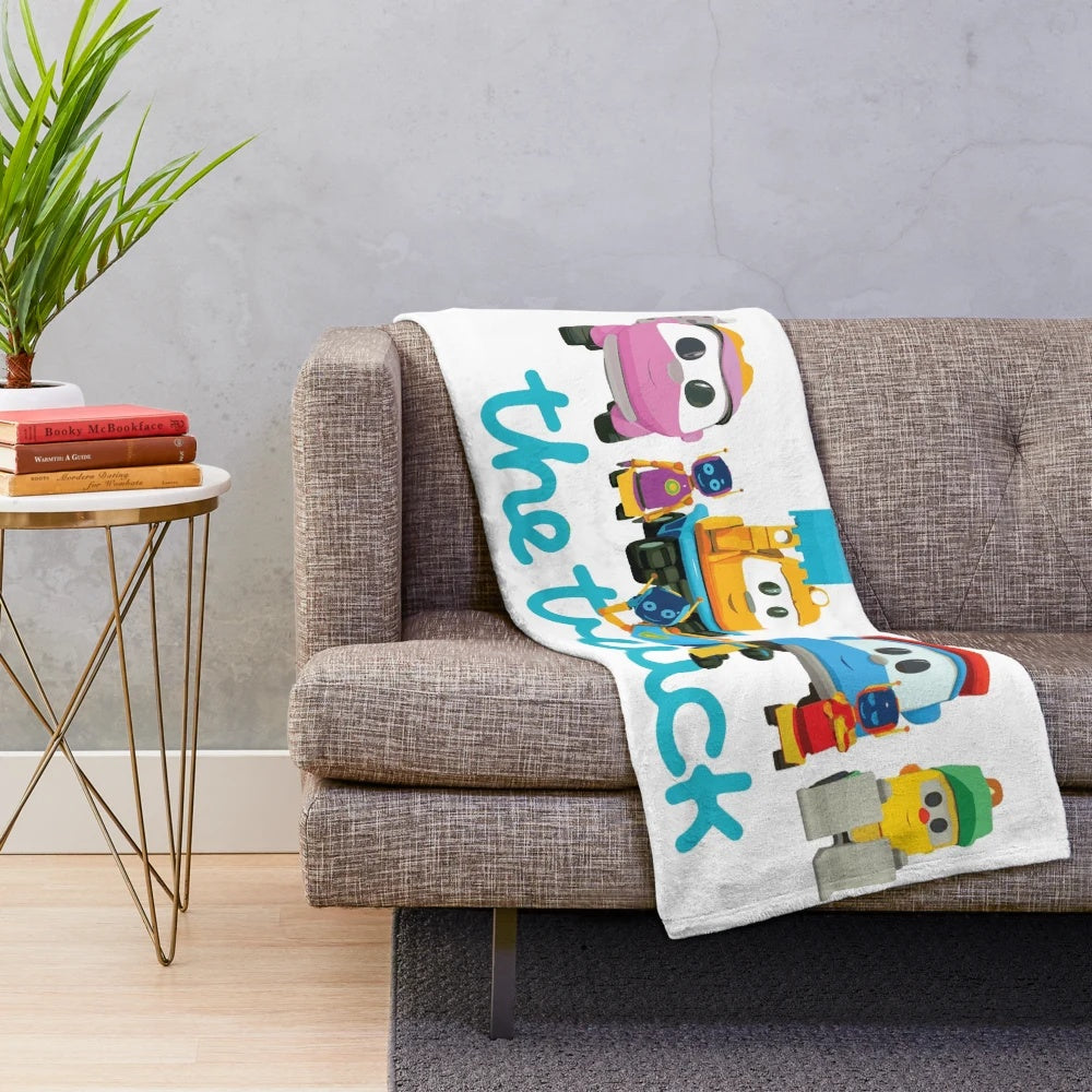 Plush blanket featuring Leo the Truck, Lifty, Scopp, and other construction vehicle characters
