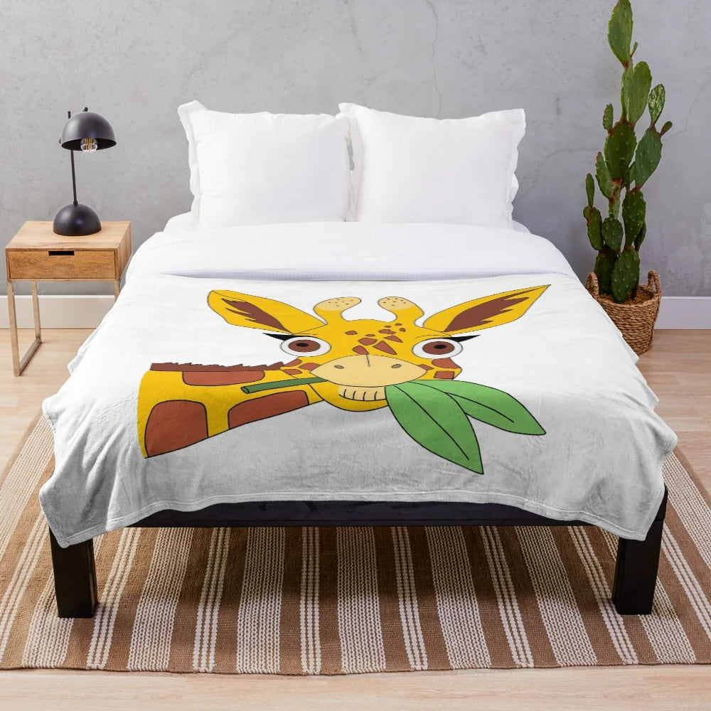 A plush blanket featuring a whimsical, colorful illustration of a shocked giraffe eating leaves