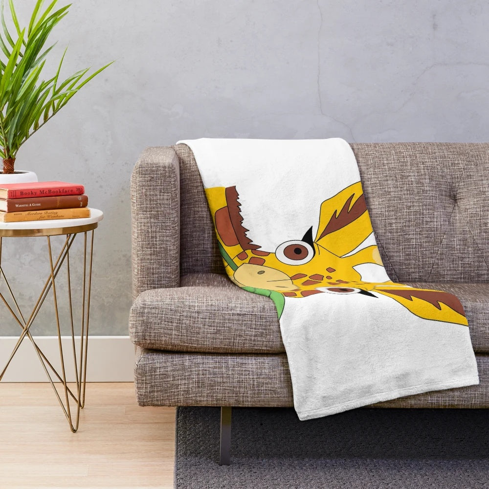 A plush blanket featuring a whimsical, colorful illustration of a shocked giraffe eating leaves