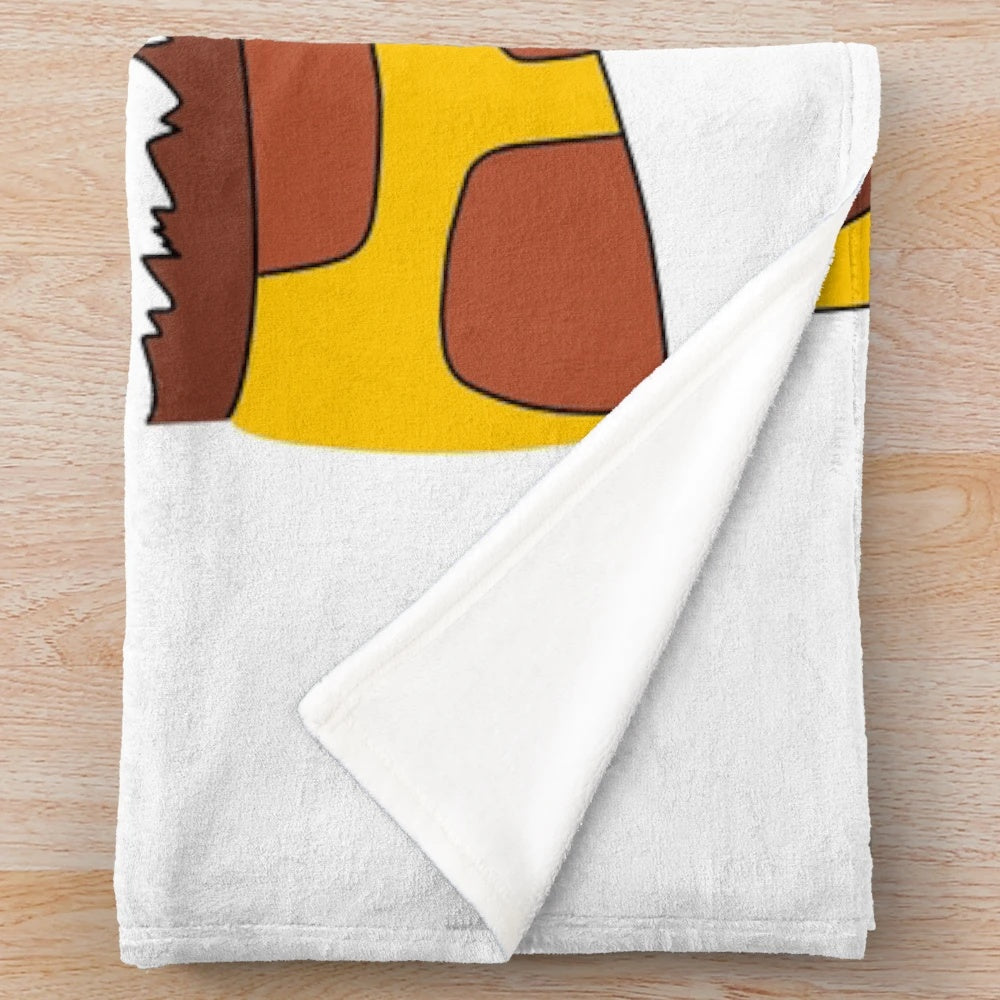 A plush blanket featuring a whimsical, colorful illustration of a shocked giraffe eating leaves