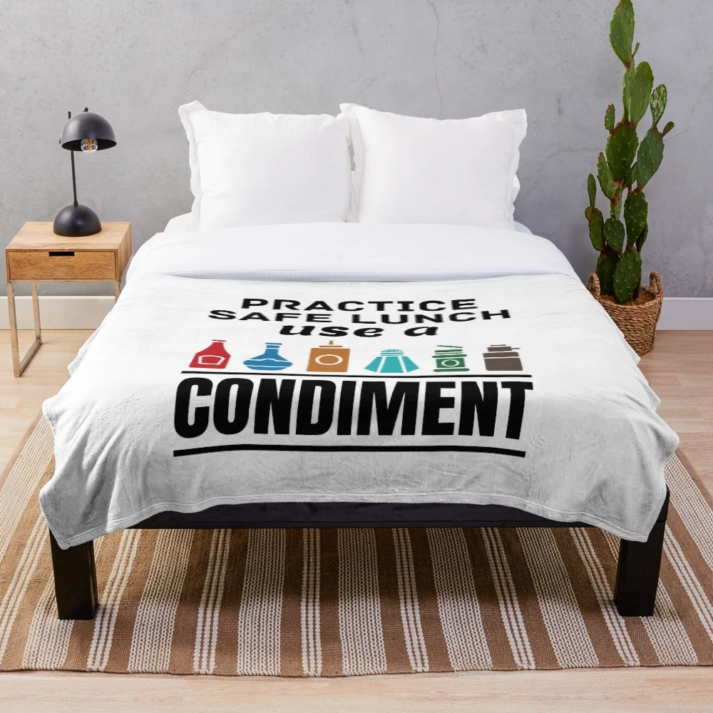 Funny lunch lady plush blanket with condiment pun design