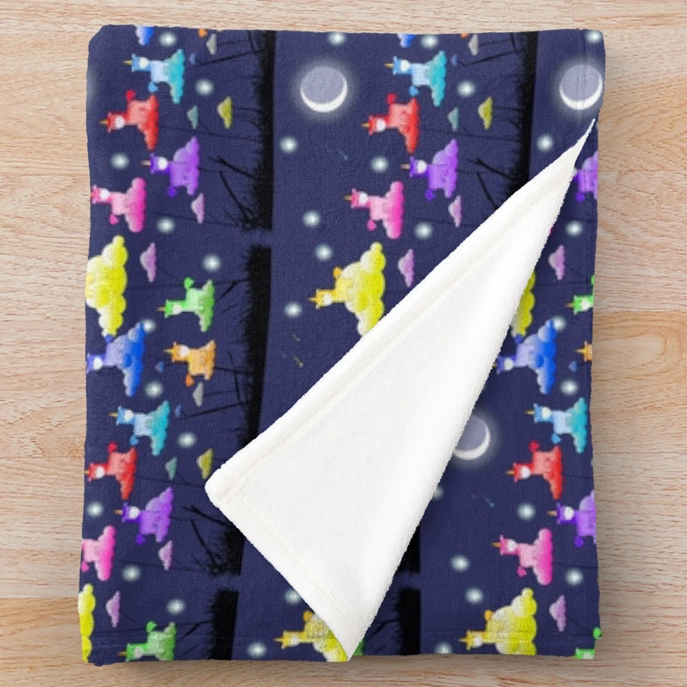Colorful plush unicorn blanket featuring mythological creatures sleeping in clouds