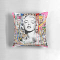 Vibrant, contemporary pillow design featuring a Marilyn Monroe-inspired pop art style with urban graffiti elements.