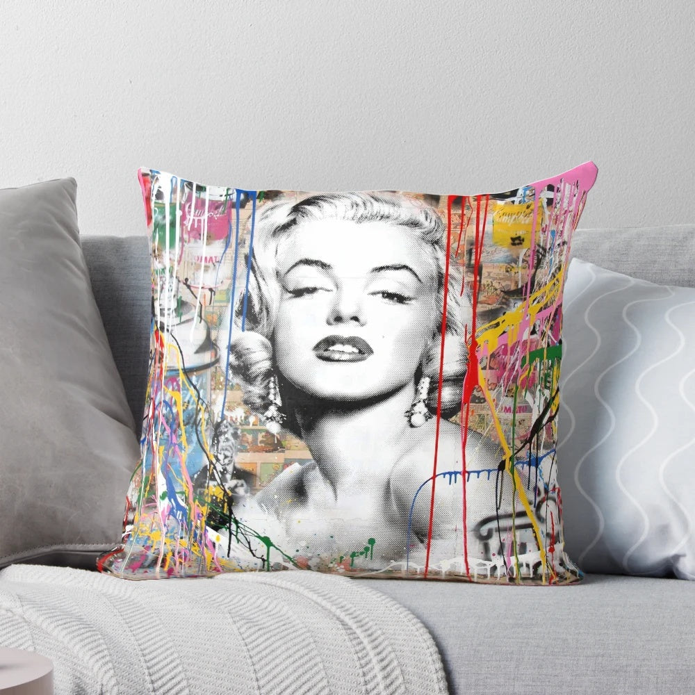 Vibrant, contemporary pillow design featuring a Marilyn Monroe-inspired pop art style with urban graffiti elements.