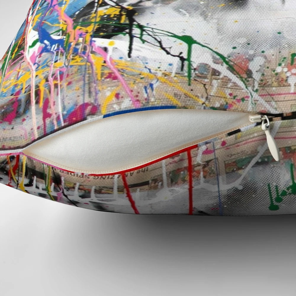 Vibrant, contemporary pillow design featuring a Marilyn Monroe-inspired pop art style with urban graffiti elements.