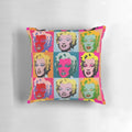 Vibrant pop art pillow featuring Marilyn Monroe's iconic image, designed in the style of Andy Warhol.