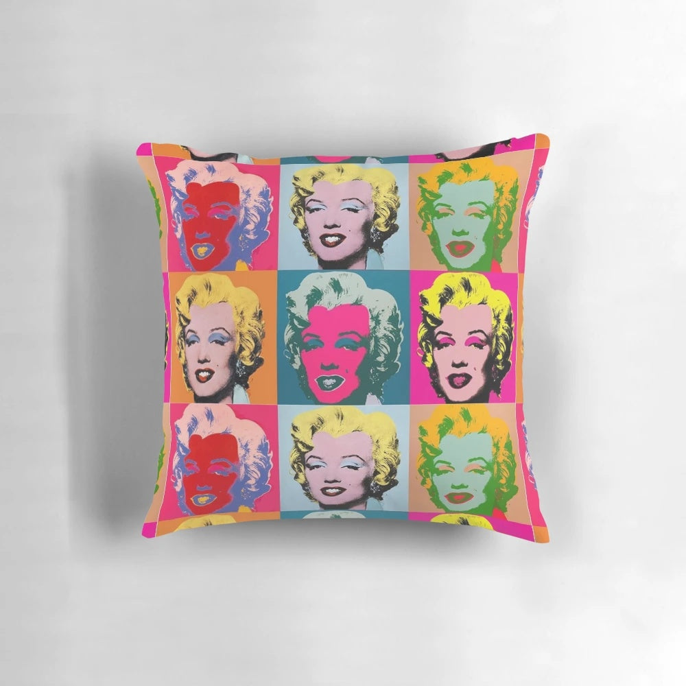 Vibrant pop art pillow featuring Marilyn Monroe's iconic image, designed in the style of Andy Warhol.