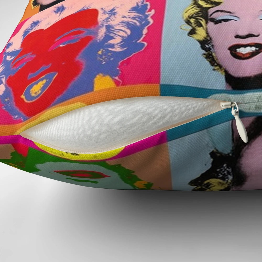 Vibrant pop art pillow featuring Marilyn Monroe's iconic image, designed in the style of Andy Warhol.