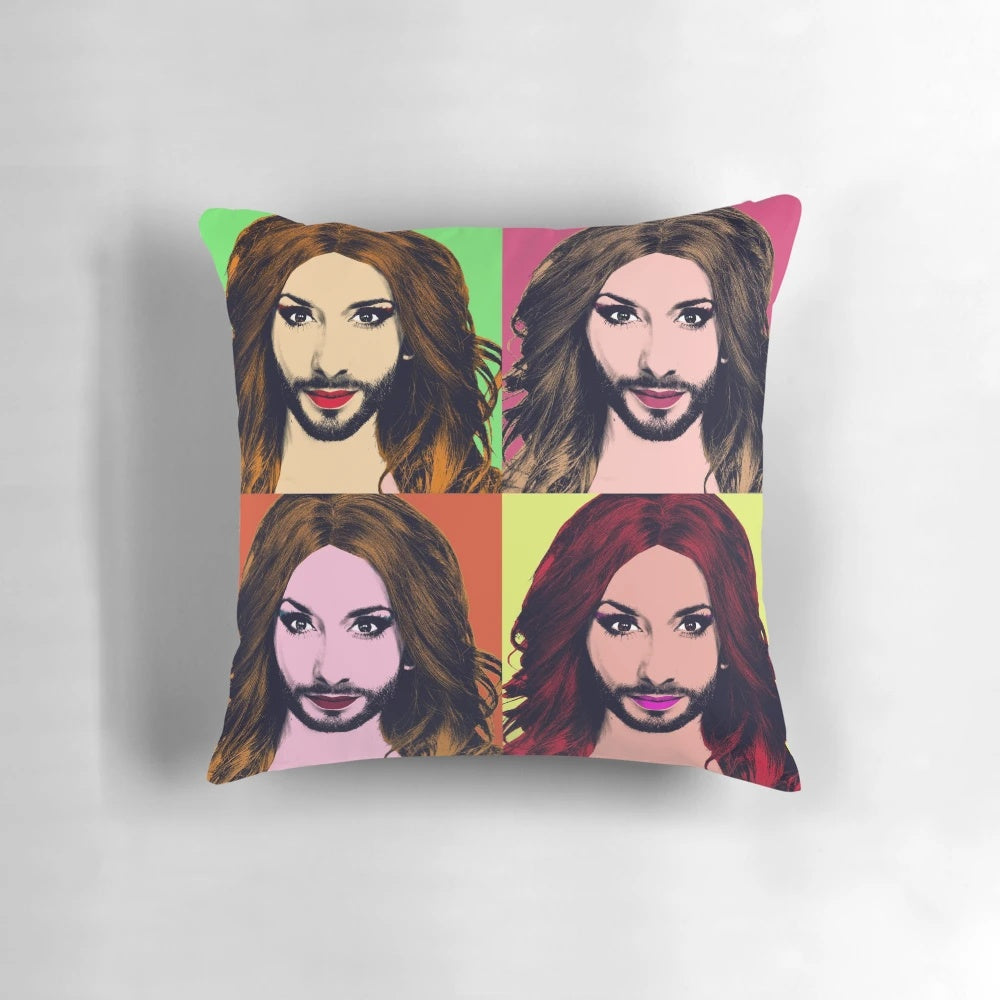 Vibrant pop art style portrait of Conchita Wurst, the iconic Eurovision drag queen