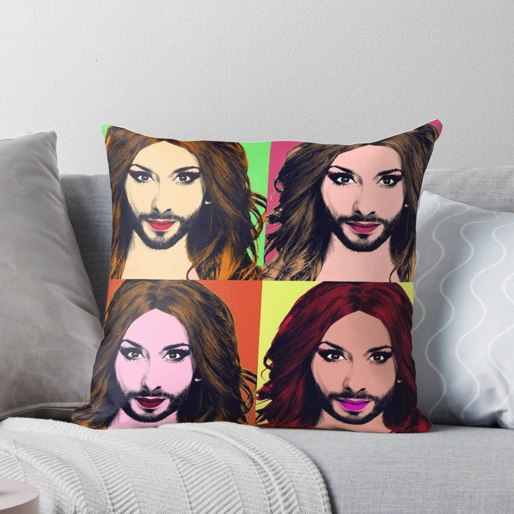 Vibrant pop art style portrait of Conchita Wurst, the iconic Eurovision drag queen