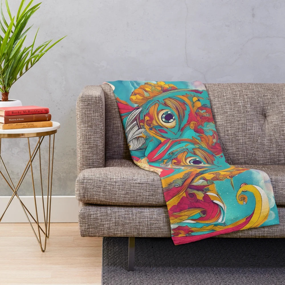 Colorful plush blanket with Poseidon-inspired design featuring a mystical, fantasy-inspired pattern