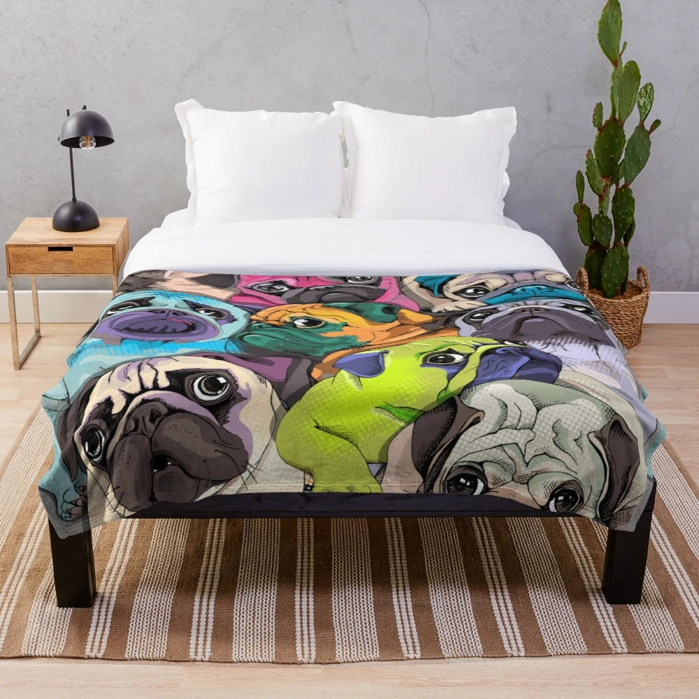 Colorful pug portrait plush blanket