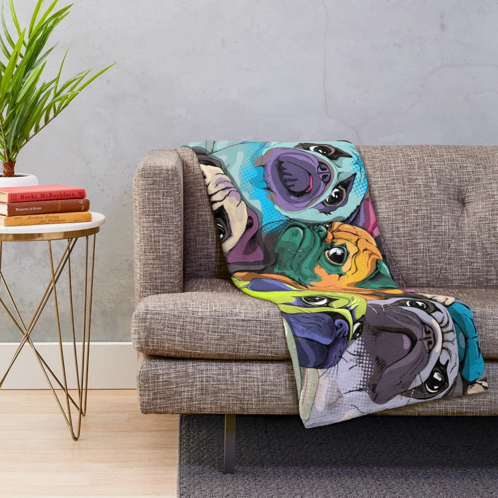 Colorful pug portrait plush blanket