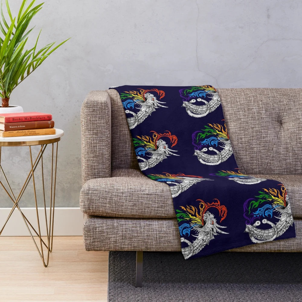 Vibrant rainbow-colored dragon plush blanket