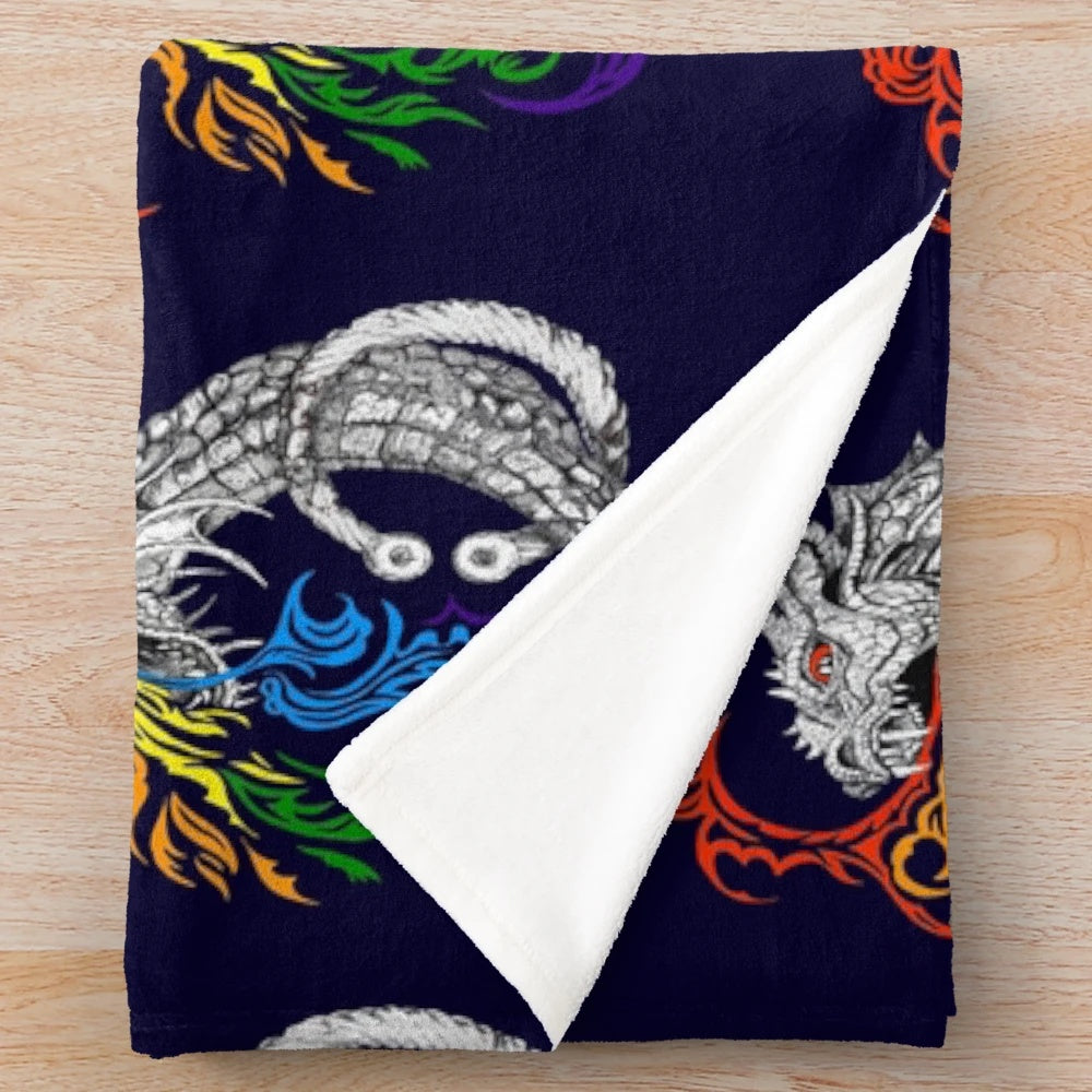 Vibrant rainbow-colored dragon plush blanket
