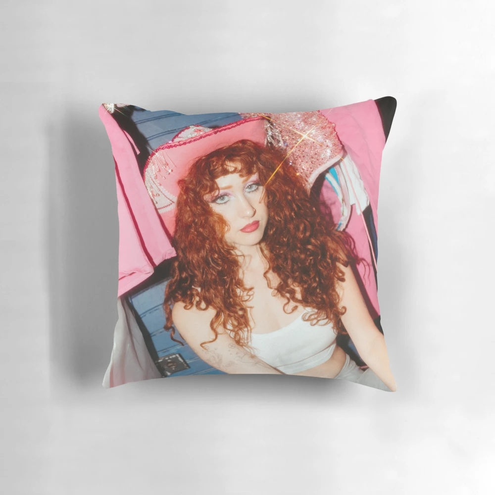 Vibrant rainbow-themed pillow with pop music artist Chappell Roan