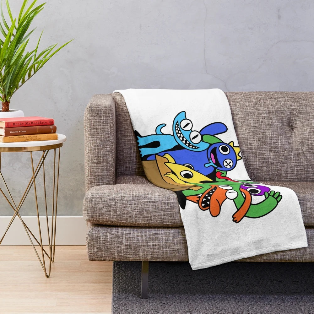 Colorful plush blanket featuring characters from the popular Roblox game Rainbow Friends