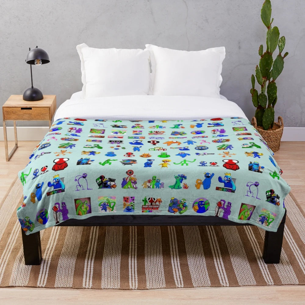 Vibrant rainbow-themed plush blanket featuring all the beloved Rainbow Friends characters