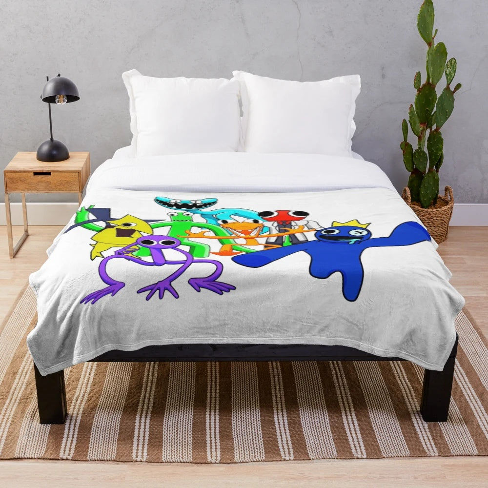Cozy rainbow friends plush blanket featuring characters from the popular Roblox game