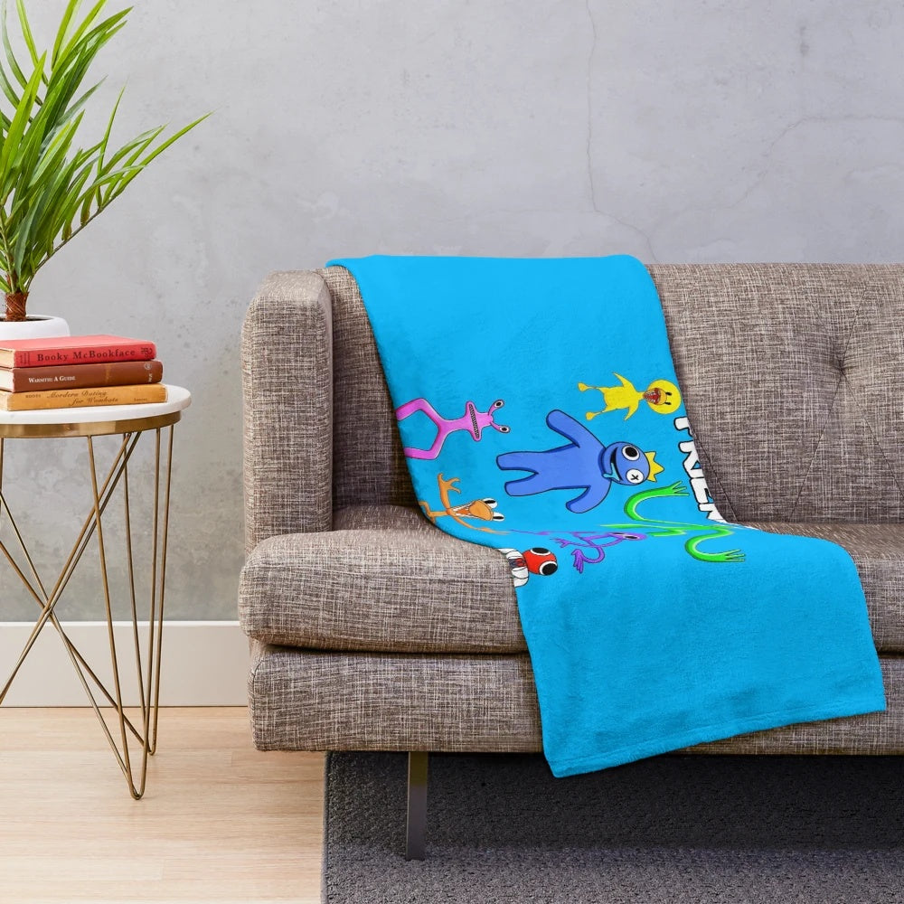 Vibrant rainbow plush blanket featuring characters from the popular Roblox game