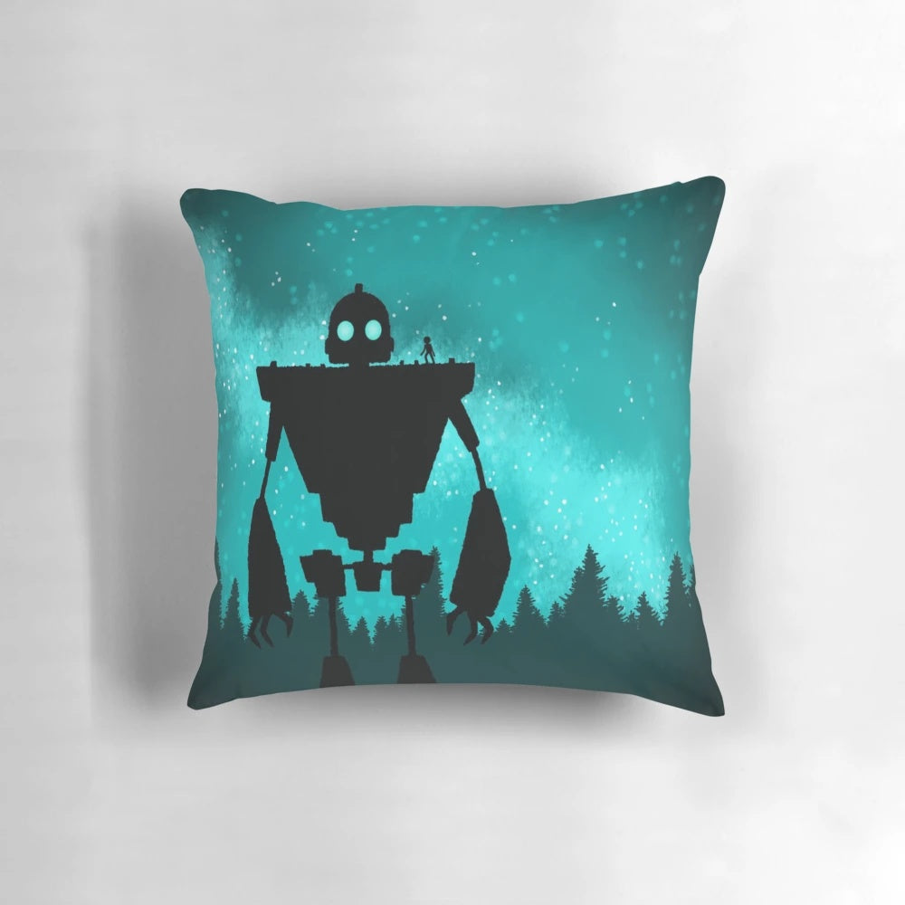 Colorful decorative throw pillow featuring a giant robot from a retro sci-fi animated movie
