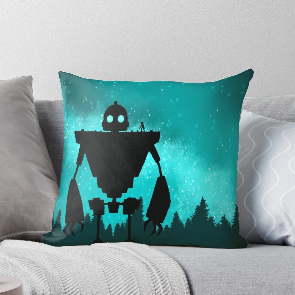 Colorful decorative throw pillow featuring a giant robot from a retro sci-fi animated movie