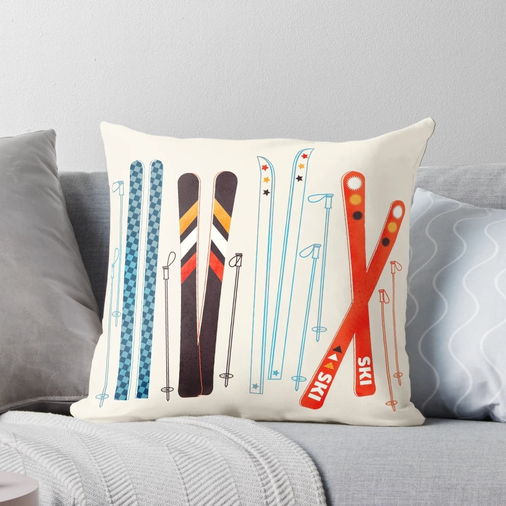 Colorful retro ski illustration printed on a plush pillow, creating a cozy and festive mountain-inspired accent.