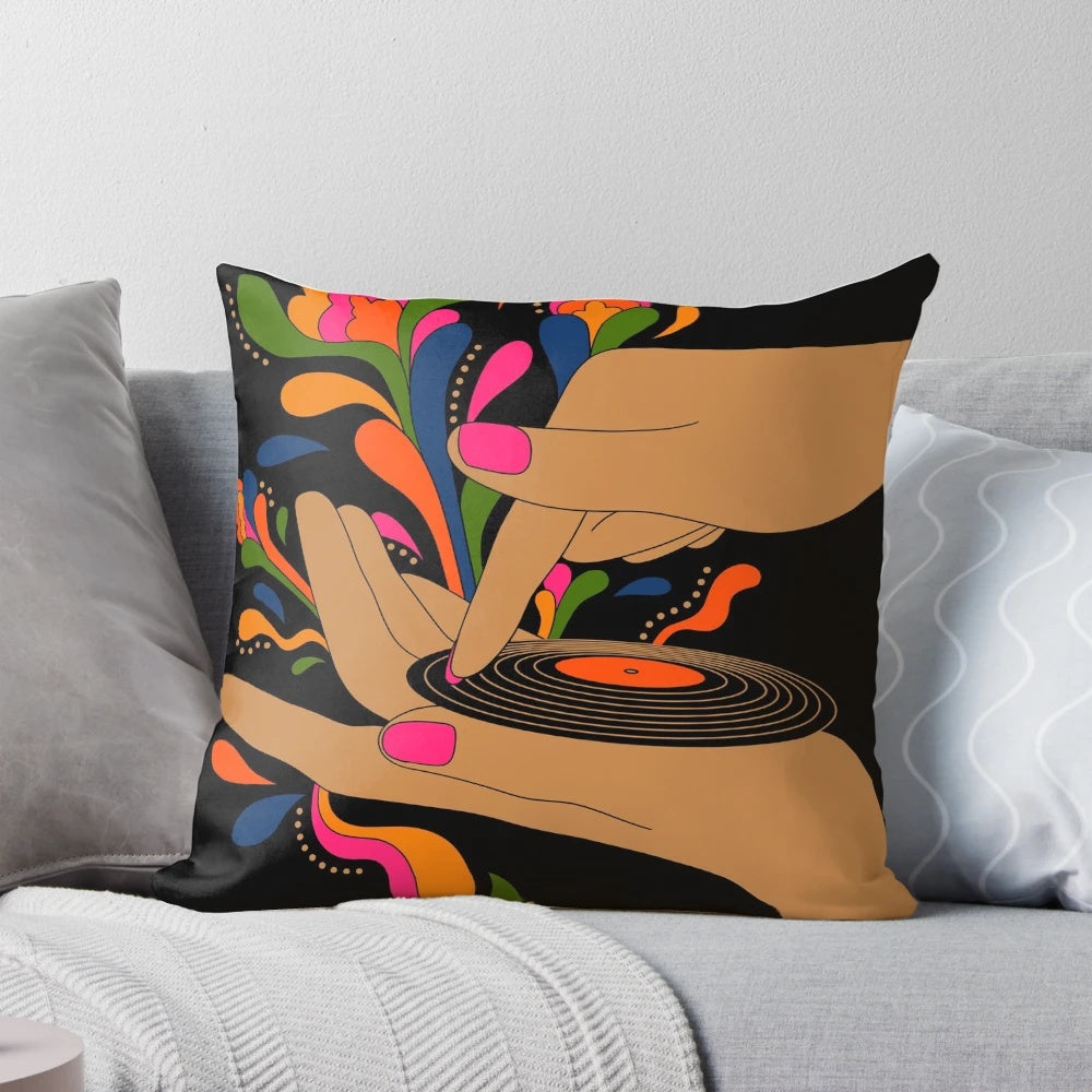 Colorful retro-style pillow featuring a psychedelic record player design